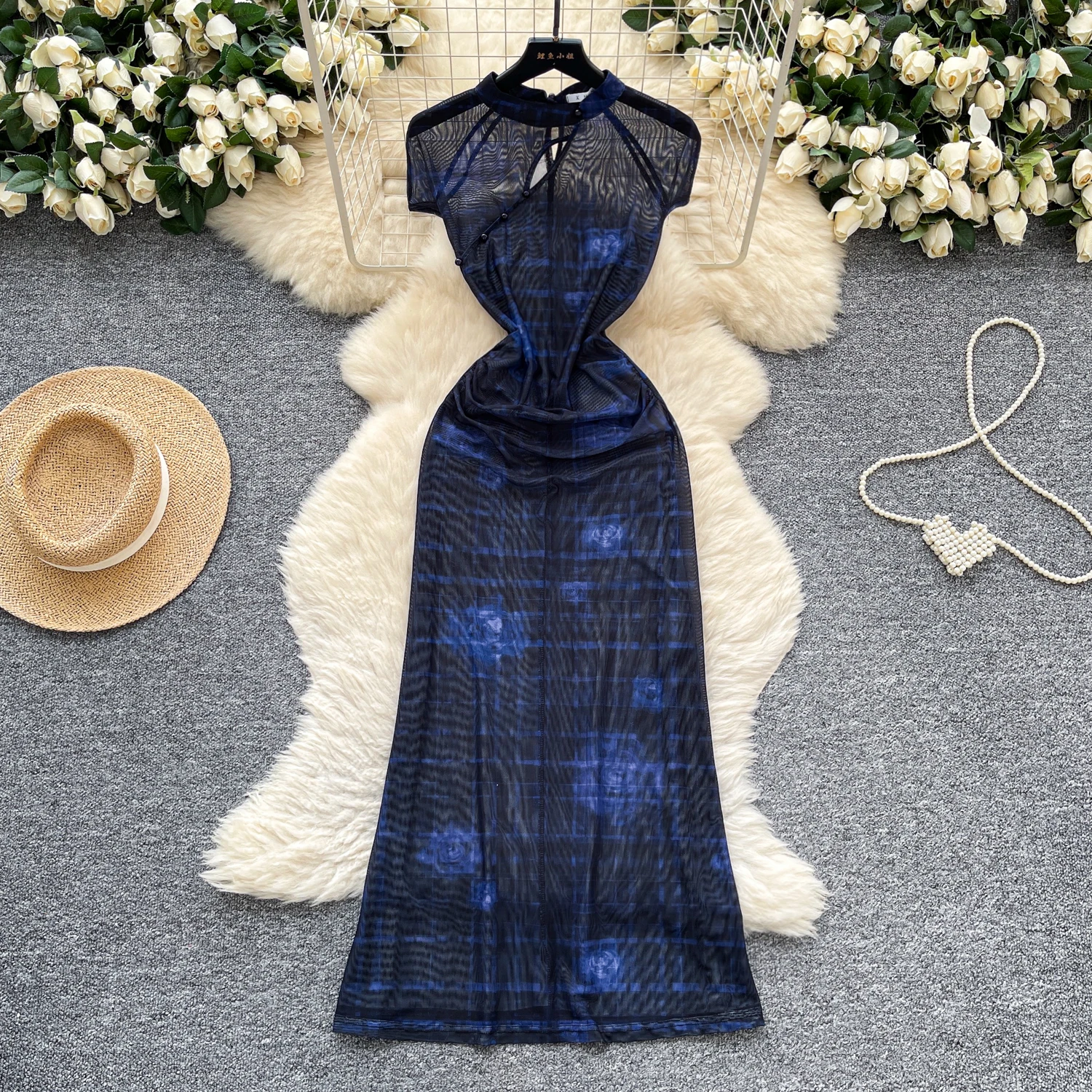 Abito a tubino in rete scavata vintage chic Elegante fata moda coreana Boho Sundress abbigliamento donna