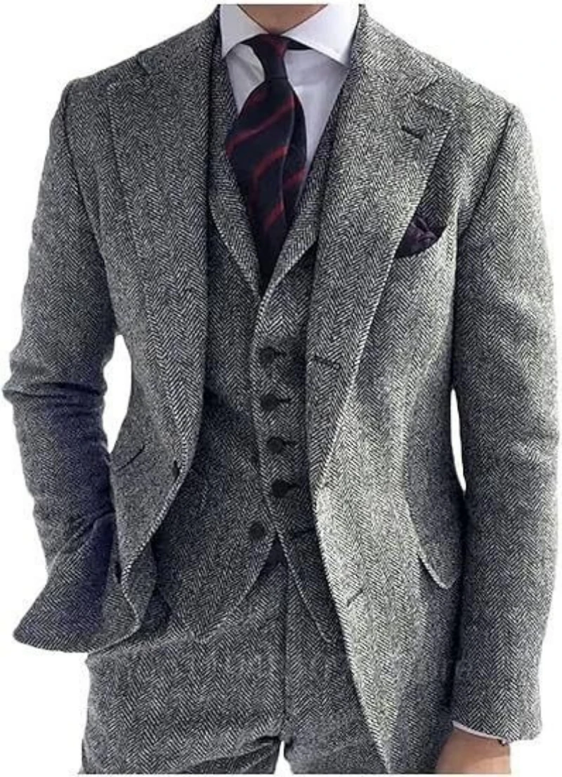 

Men's Grey/Brown Tweed Herringbone 3-Piece Slim Fit Wedding Tuxedo Suit - Peak Lapel Blazer Vest Pants Set for Prom Business