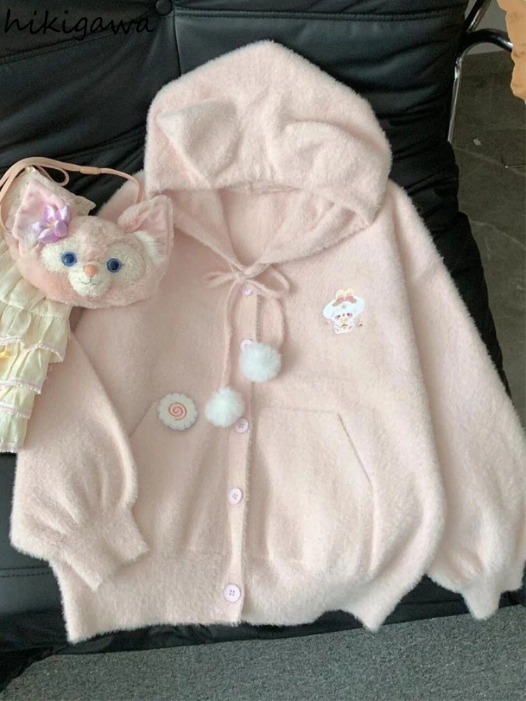 

Милое пальто-кардиган в консервативном стиле, женская одежда, свободный вязаный свитер с капюшоном, топы, свободные мягкие милые Sueter Mujer