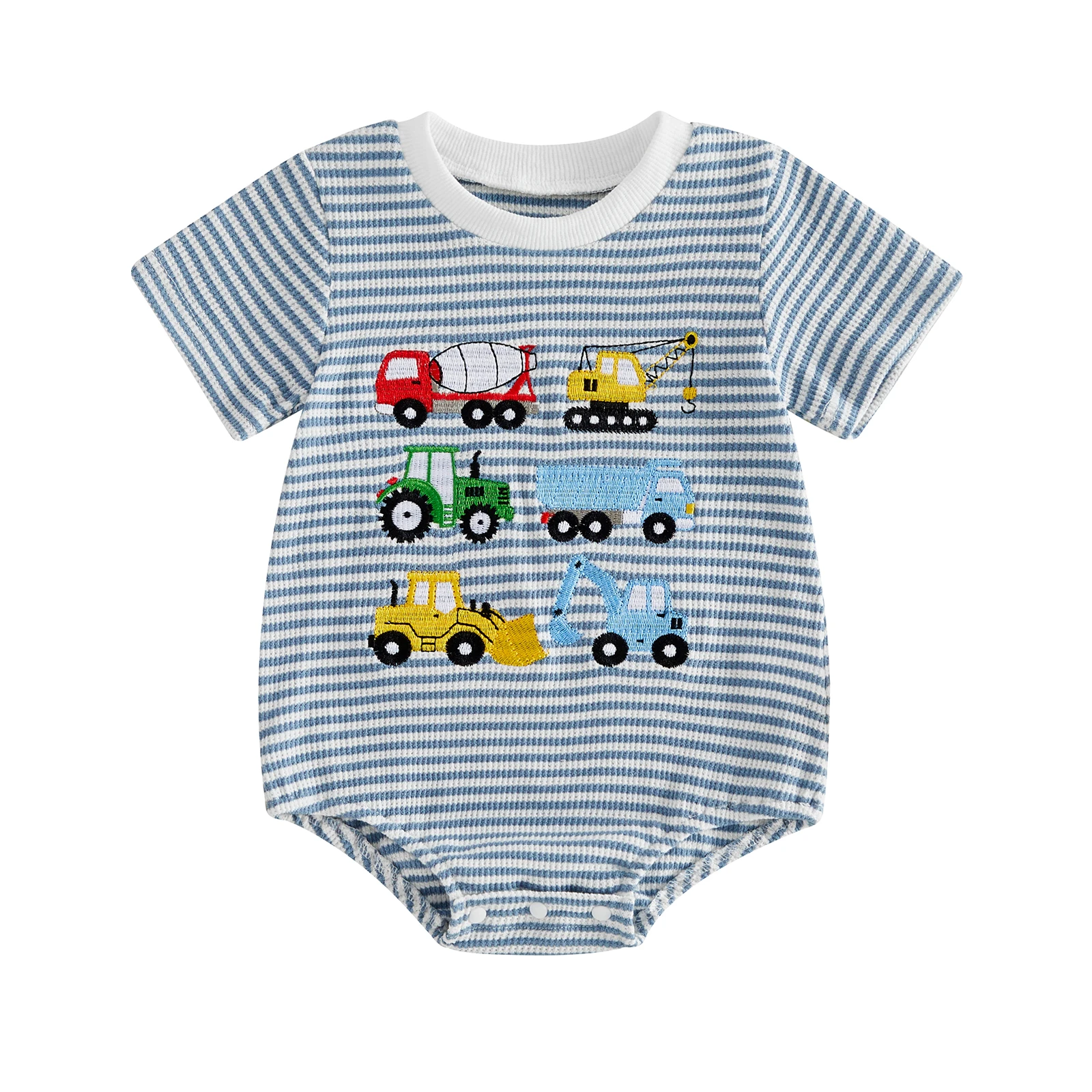 Baby Boys Rompers Digger Embroidery Crew Neck Short Sleeve Waffle Infant Bodysuits Jumpsuits