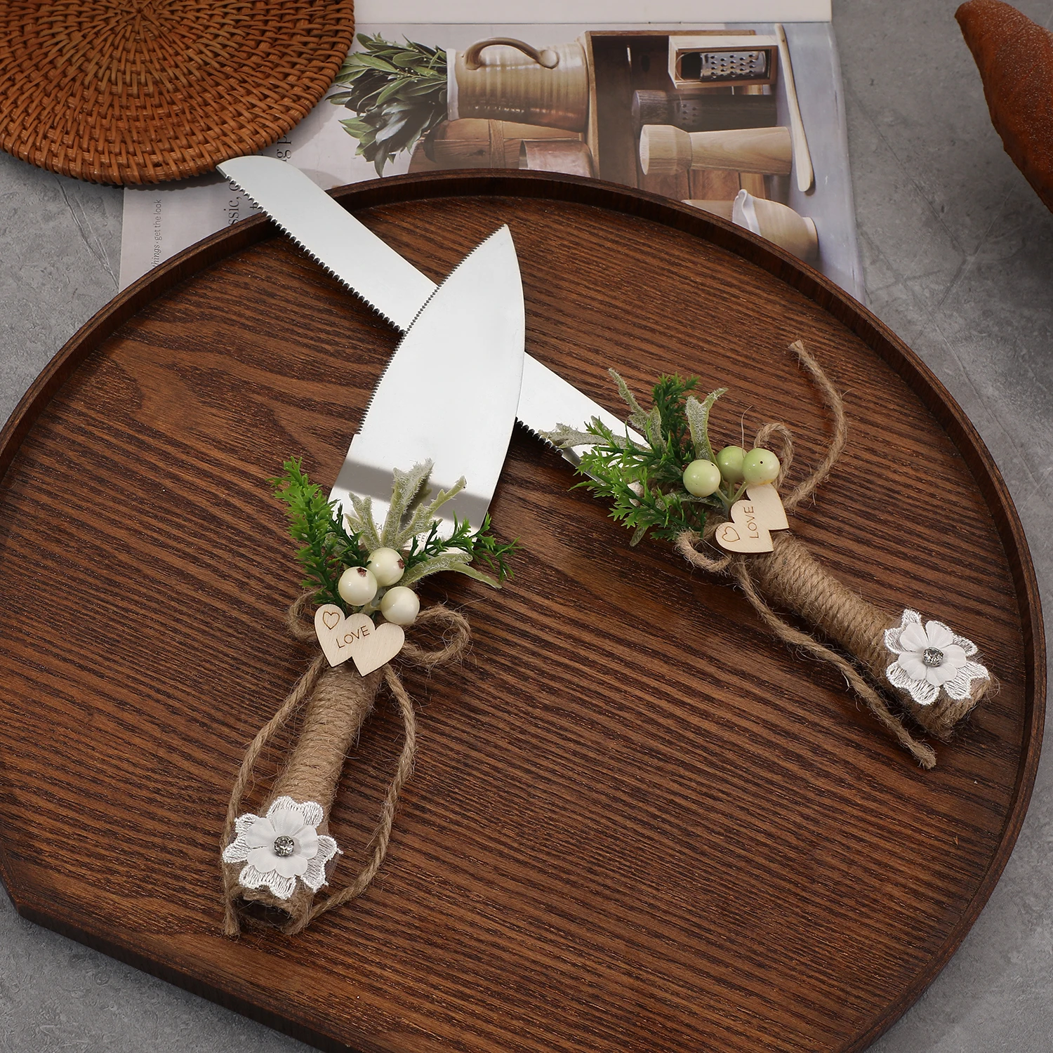 موري اليدوية حبل القنب الحب رقائق الخشب كعكة الزفاف أدوات الخبز الزفاف تذكارية بوتيك هدية مربع #2