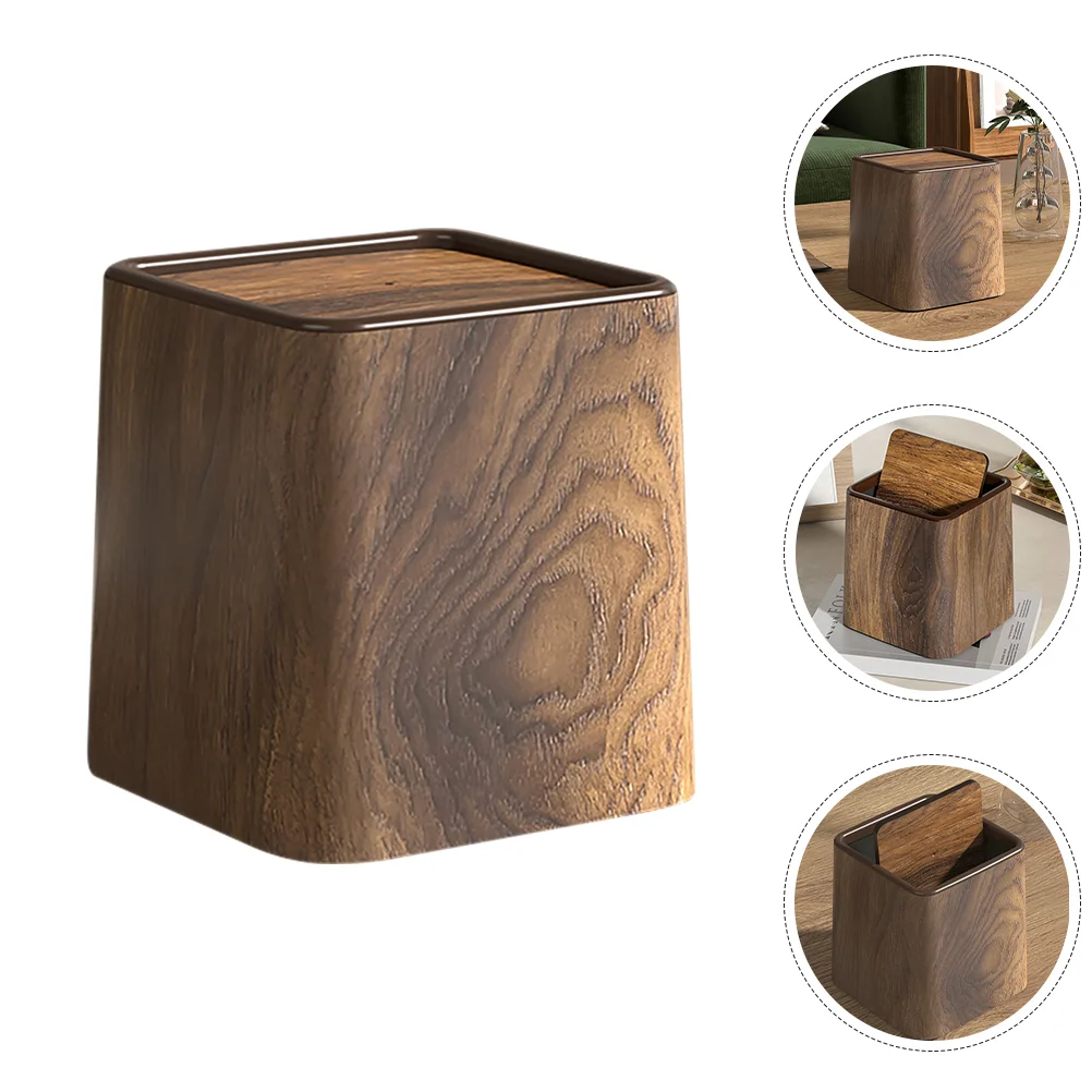 

1 Retro Wooden Grain Trash Can High Capacity Lid Prevent Odors Compact Size Kitchen Bathroom Office Waste Basket