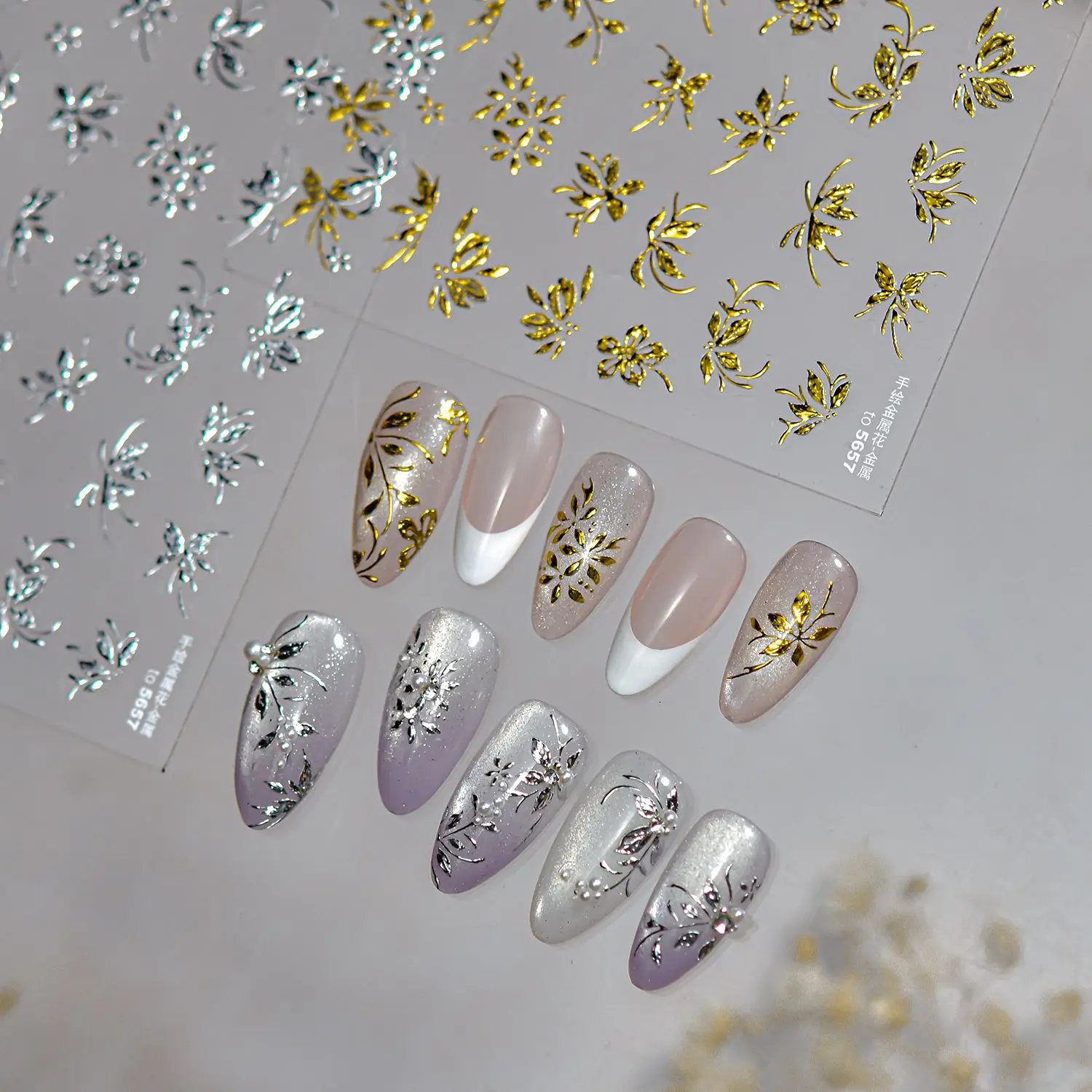 Flower Branch Gold Silver Leaf Simple Floral Petal Cluster Blossoms Camellia Nail Charm Adhesive Nail Art Sticker Manicure Decal