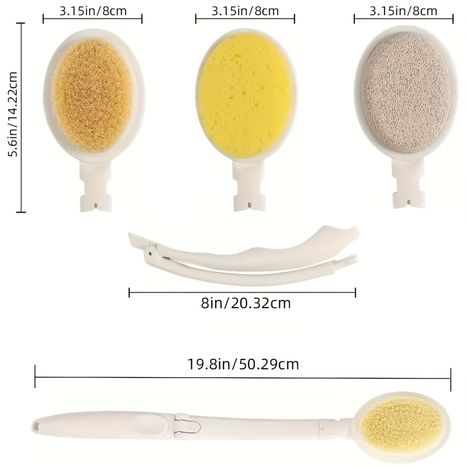 Conjunto de escova de banho traseiro 3 em 1 - Escova corporal com cabo longo, esponja de banho e pedra-pomes para esfoliação suave e saúde melhorada da pele -