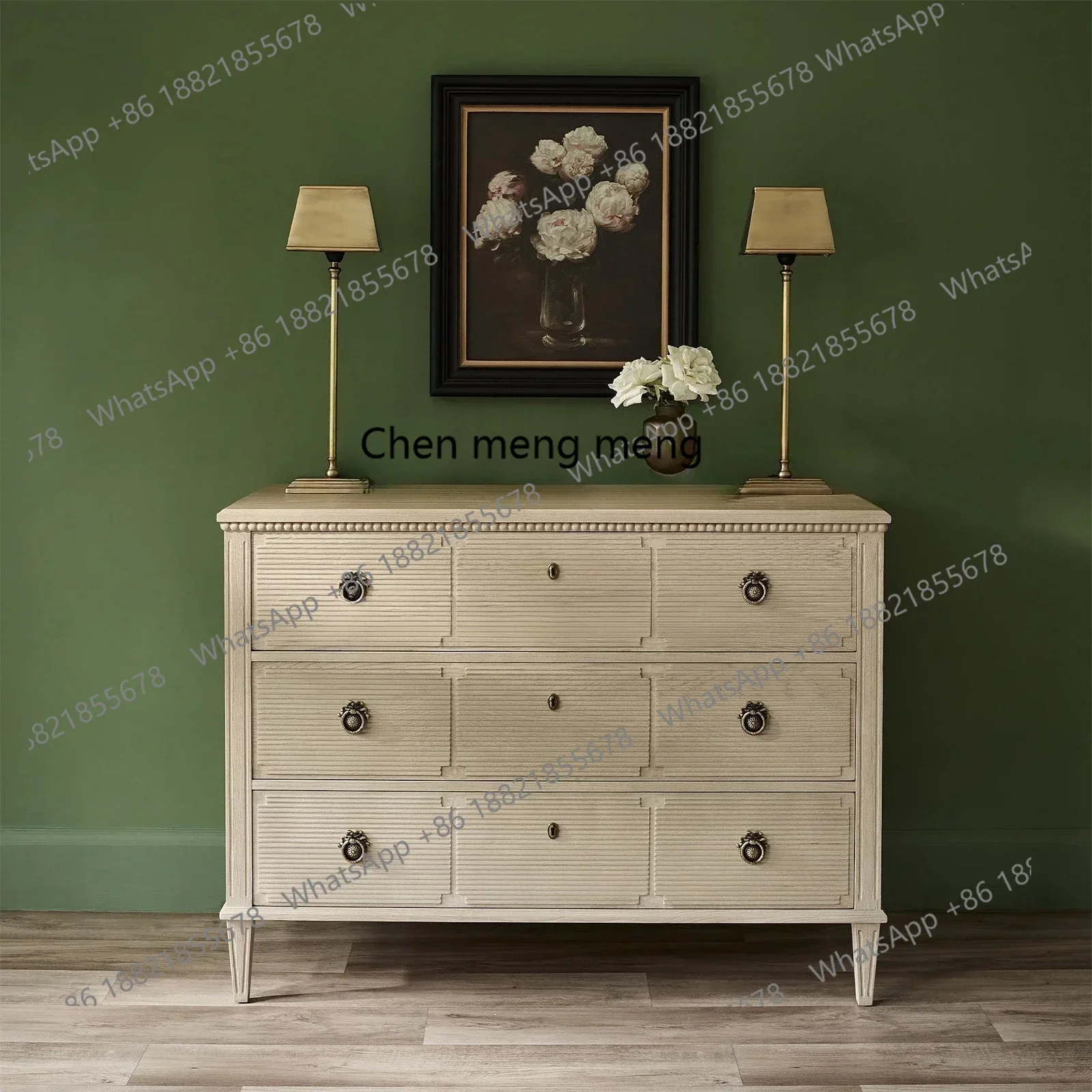 C88 Solid wood three-bucket cabinet hand-carved bedroom drawer storage side cabinet dresser