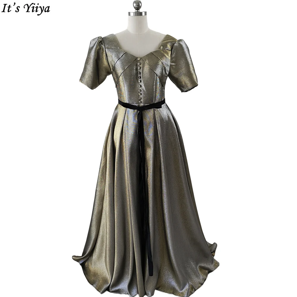 

It's Yiiya Evening Dress Golden Jersey V-Neck Floor Length A-Line Lace Up Short Sleeves Plus size Woman Formal Party Gowns A2554