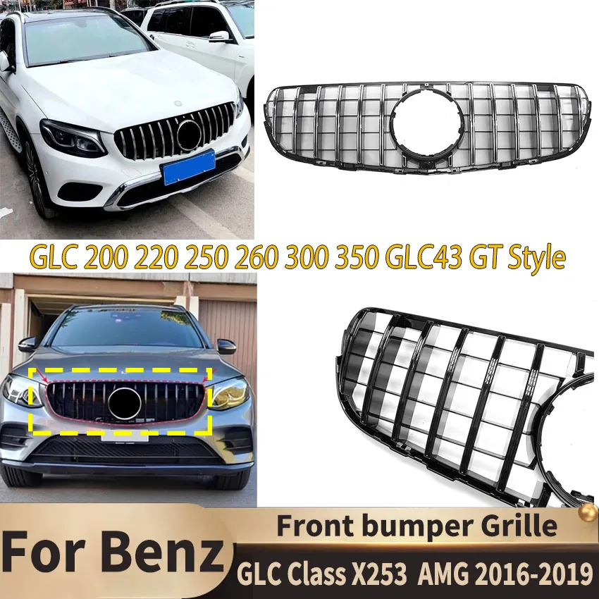 

For Mercedes Benz GLC-Class X253 GLC 200 220 250 260 300 350 GLC43 AMG GT Style 2016-2019 Front Bumper Grille Racing Grill Hood