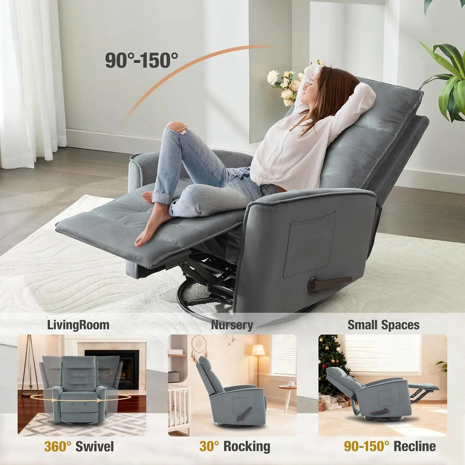 Swivel Rocker Recliner Chair for Adults, Glider Rocking Chair for Nursery, Small Recliner Chair for Small Spaces, RV, Living Roo