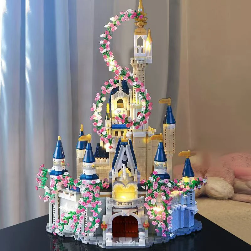 Magic Princess Castle Sakura House Building Blocks Street View Villa Model With LED Lights Mini Bricks Toy Christmas Adult Gifts