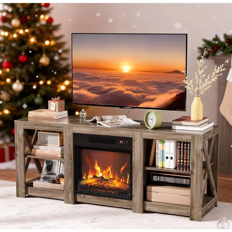 

Rustic Farmhouse Fireplace TV Stand for 70 Inch TVs with Electric Heater and Adjustable Shelves Gray Oak Media Console