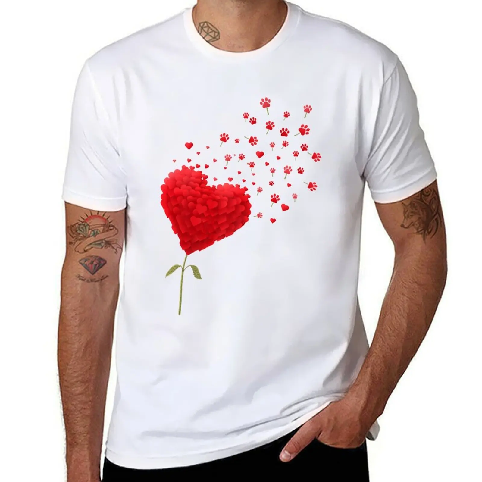 

Cute Dog Paw Valentine's Day Flower Fly Dandelion Red Hearts T-Shirt t shirts designer man t shirts graphic T-Shirt