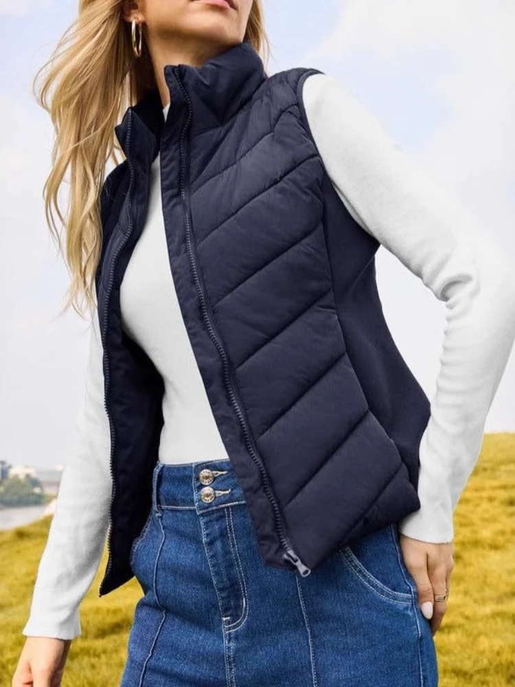 Veste en coton épais à col montant pour femme, vêtement de poche avec fermeture éclair, couleur unie, décontracté, Simple, pour les déplacements, nouvelle collection automne et hiver