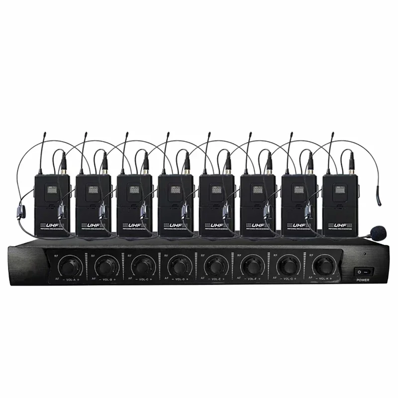 전문가용 8채널 UHF 무선 마이크 시스템 (핸드헬드 마이크 4개, 헤드셋 다이나믹 마이크 포함)
