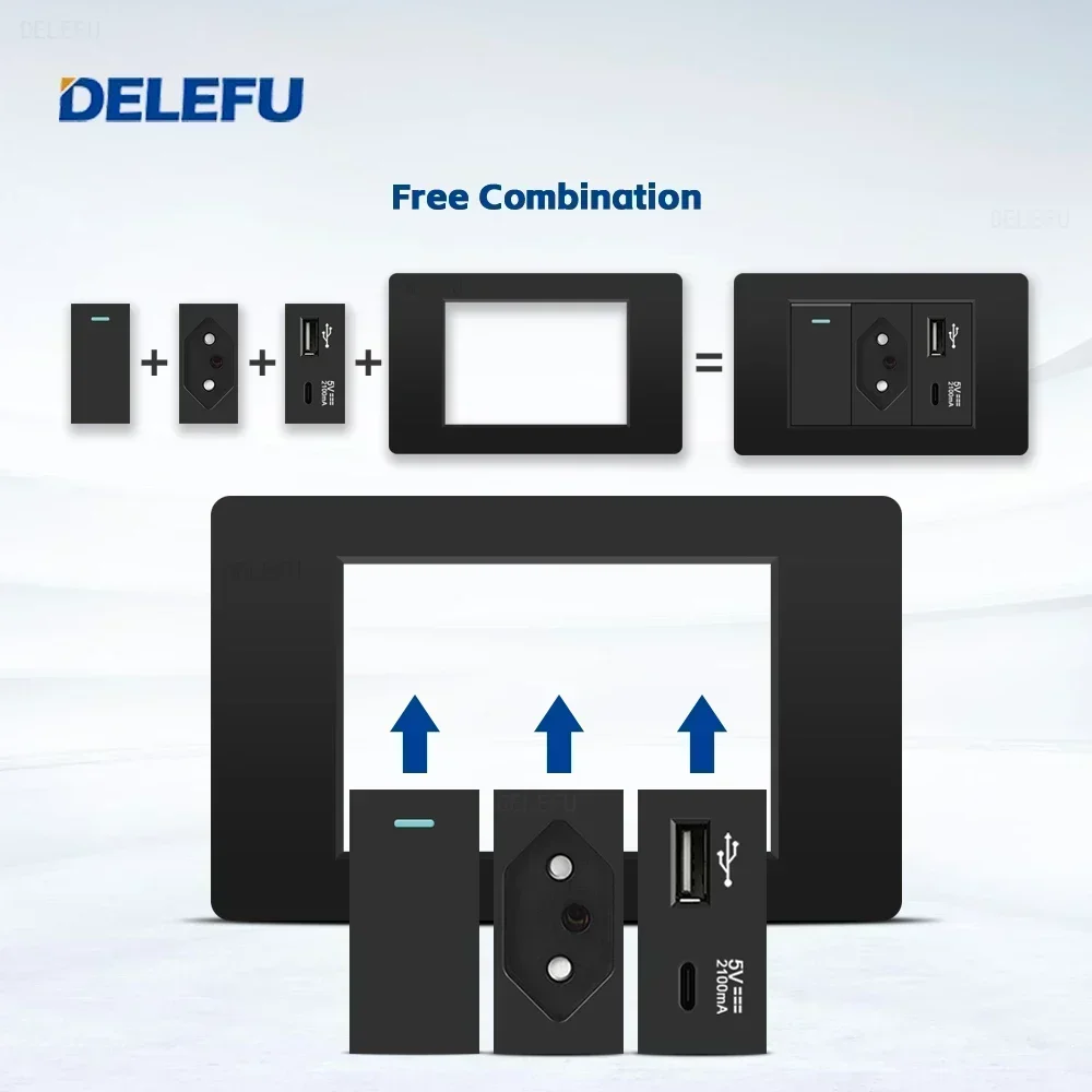 DELEFU PC Panel Fireproof Double USB Type C Charge Brazil Standard Outlet Black Wall Power Light Switch Electrical Plug  10A 20A