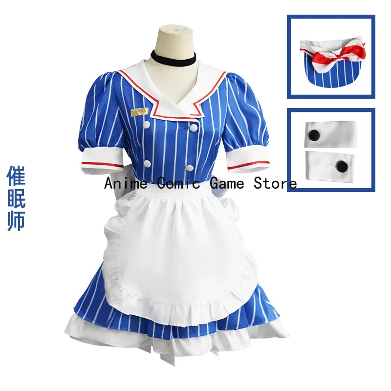 In Voorraad S-XL Mikuu Hypnotiseur Cosplay Meid Jurk Pruik Kasane Tetoo Blauw Gestreepte Lolita Jurk Halloween Party Outfits voor Vrouwen