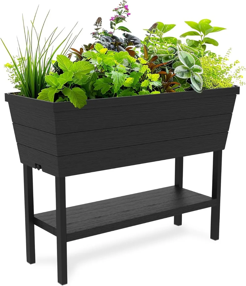 

12.7 Gallon Raised Garden Bed with Self Watering Gauge, Drainage Plug, Dark Grey for Outdoor Herb Planting