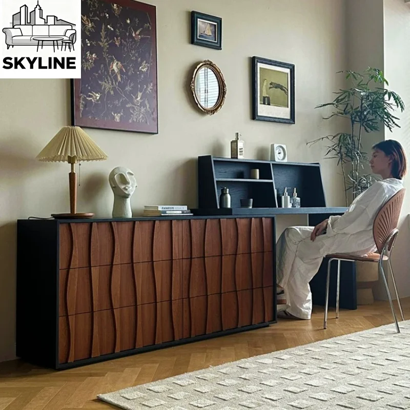 Textured Timber Veneer Multi-drawer Makeup Cabinet Streamlined Modern Combined Bedside Chest For Household Bedroom Storage