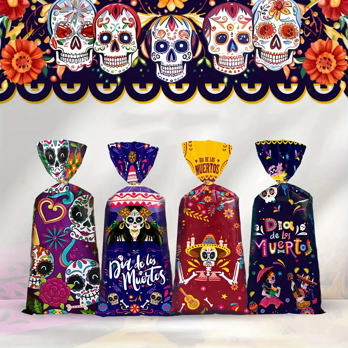 50pcs Day Of The Dead Skull Candy Bags - Self-Sealing, Disposable Plastic Treat Pouches For Halloween & Party Favors