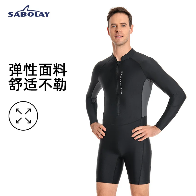 SABOLAY Men's One-Piece Swimsuit Summer Sun Protection Swimming Racing UV Resistant Long Sleeves XNL24