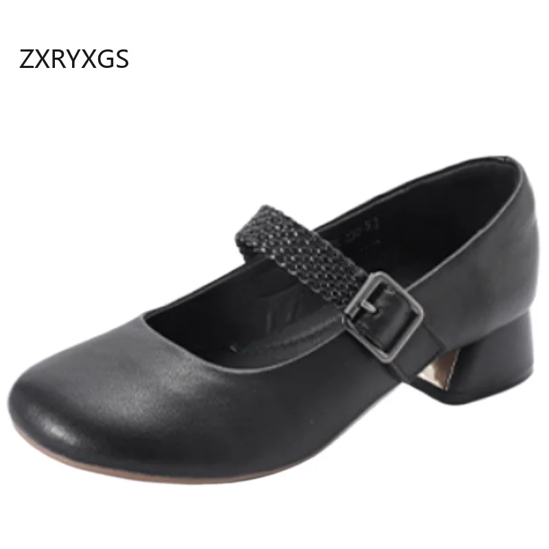 

ZXRYXGS 2026 New Fashion Premium Genuine Leather Shoes Comfortable Elegant Banquet Work Women's Mid Heel Shoes Shoes Size 32-45