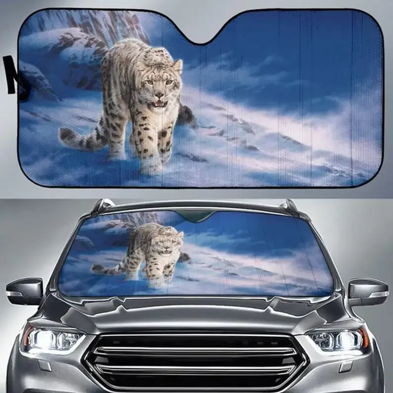 Car Sun Shade with Snow Leopard Print, Auto Sun Shade a unique Gift for Leopard Lovers.STYLE FOR CAR