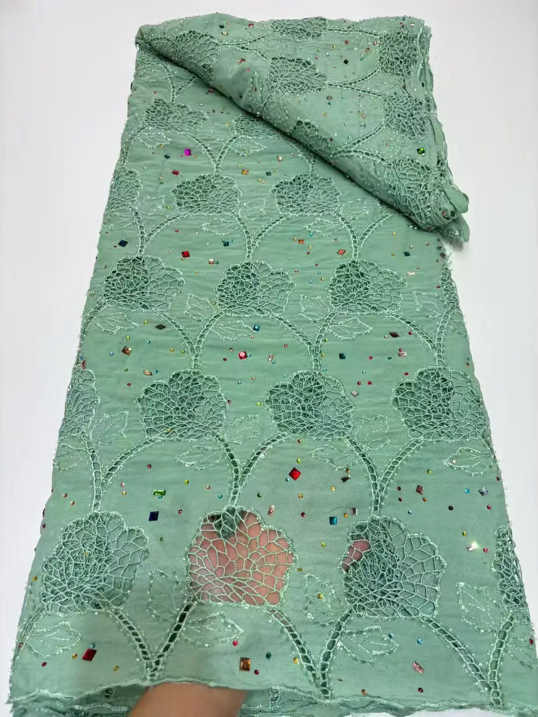 Brown African Guipure Corded Lace Fabric Hot Sale Nigerian Gemstone Milk Silk Corded Lace Fabric for Women's Party Dress Sewing