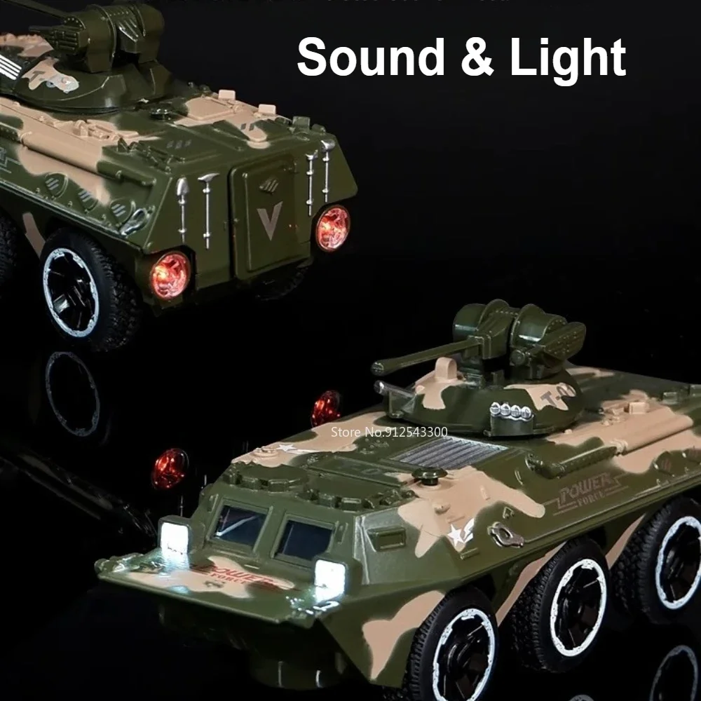 1:32 Scale Armored Personnel Carrier Model Car Toy Alloy Military Chariot Toy Models Music Light Pull Back Ornament Gift for Kid