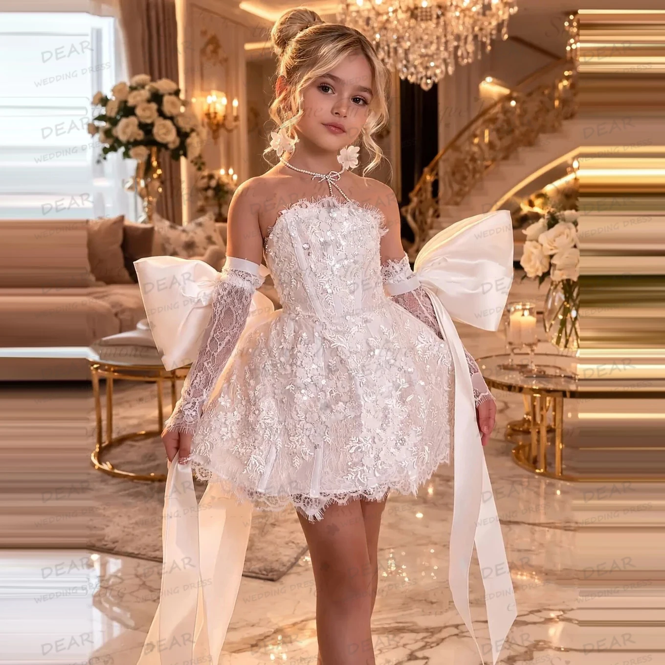 Simple Flower Girl Dress Sleeveless Sexy Women's A Line Wedding Dresses Bow Backless Formal Vestidos De Novia Customized Party