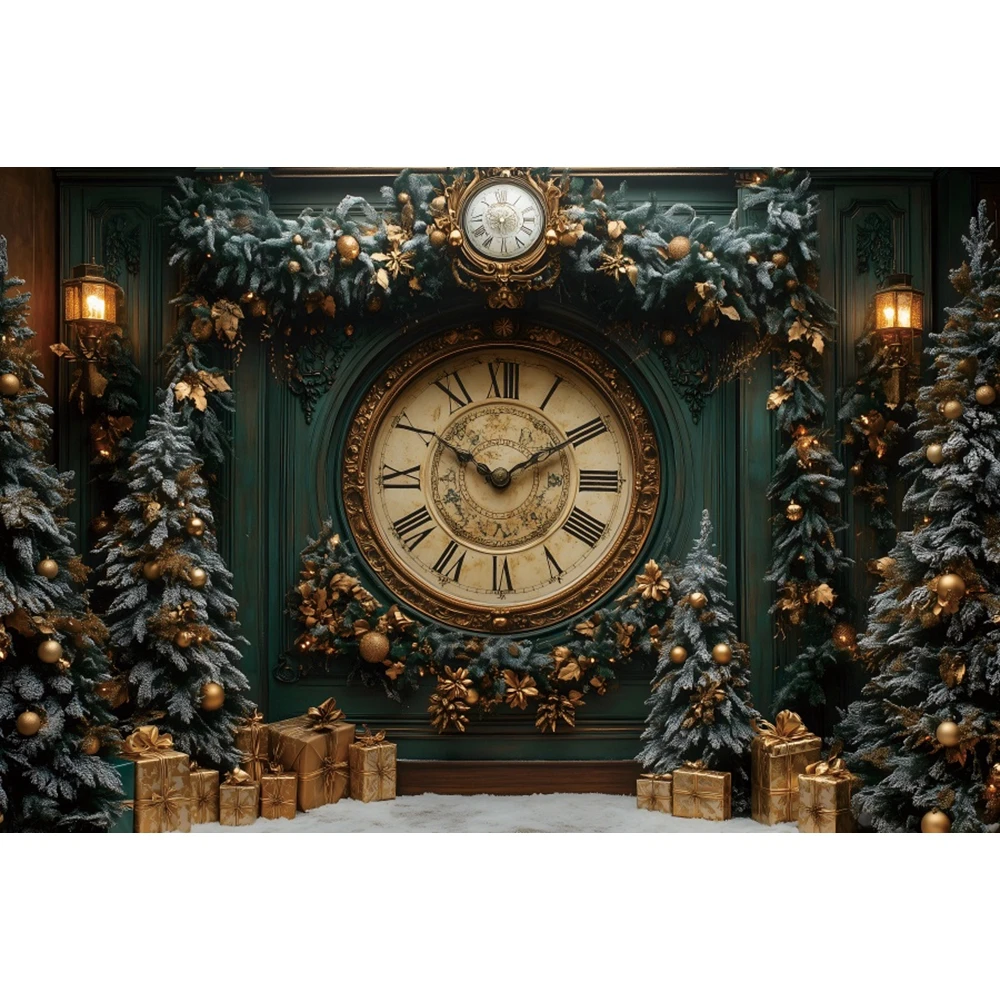 Retro Wall Christmas Clock Backdrops XMAS Tree Gifts Baby Photo Photographic Family Party Photography Background Photo Studio