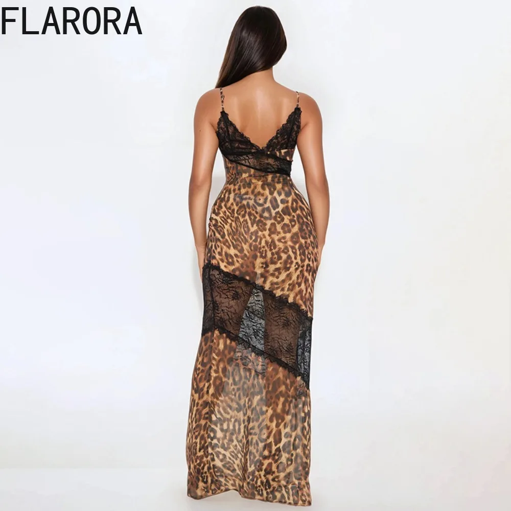 FLARORA เซ็กซี่ลูกไม้เสือดาว Patchwork ชุดนางเงือกผู้หญิงสปาเก็ตตี้สายคล้องคอลึก V Backless Bodycon ชุดราตรี Vestidos