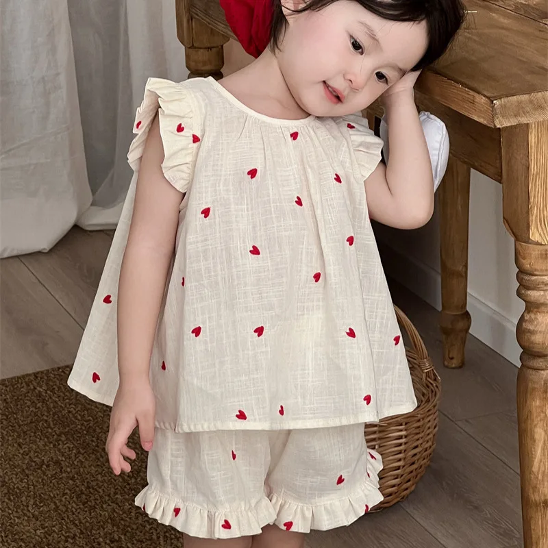

Girls Set 2025 Summer New Childrens Wear Korean Style Baby Peach Heart Embroidery Flying Sleeve Top Lace Pants Two-piece Set
