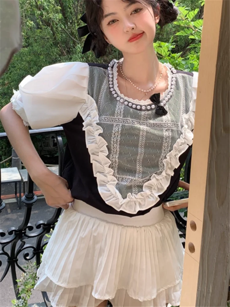 

French Palace Retro Pearl Bow Lace Shirt Lolita Style Girl Summer Fashion Ruffles Patchwork Black Blouse Puff Sleeve Loose Top