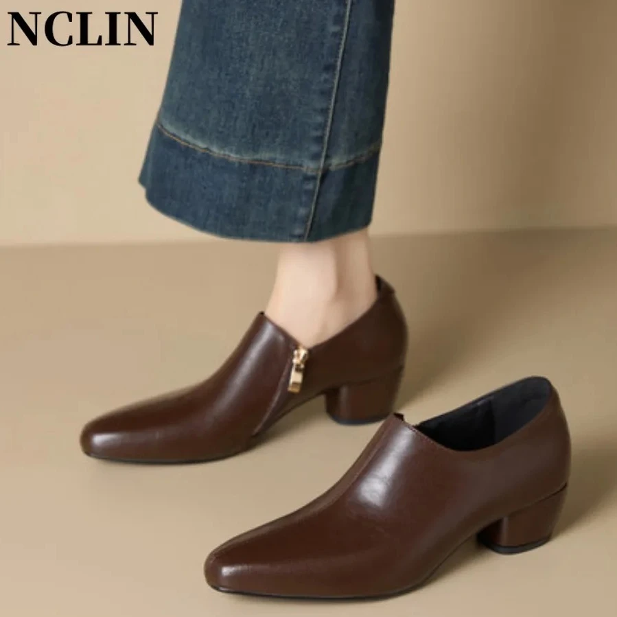 New Women Genuine Leather Side Zipper Pumps Pointed Toe Low Heel Vintage British Style Office Casual Shoes