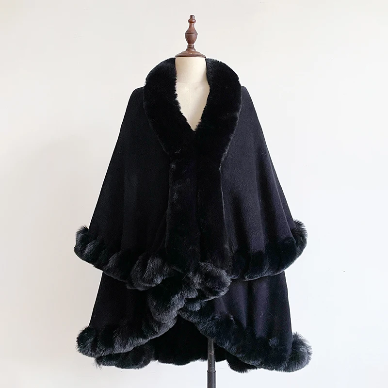 Neuer Winter-Umhang aus verdickter Nerzwolle mit vollen Borten, Kunstpelz-Umhang – Damen-Umhang mit Kapuze, lockerer Fleece-Umhang, Mantel, Partykleid, warm – Detail 12
