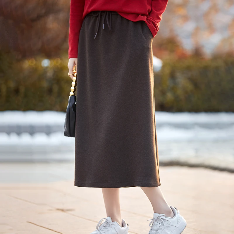 Spring New Acetate Wool A-Edition Thickened Half Skirt for Women with Pocket Straight Sleeve Loose Medium Length for Slimming