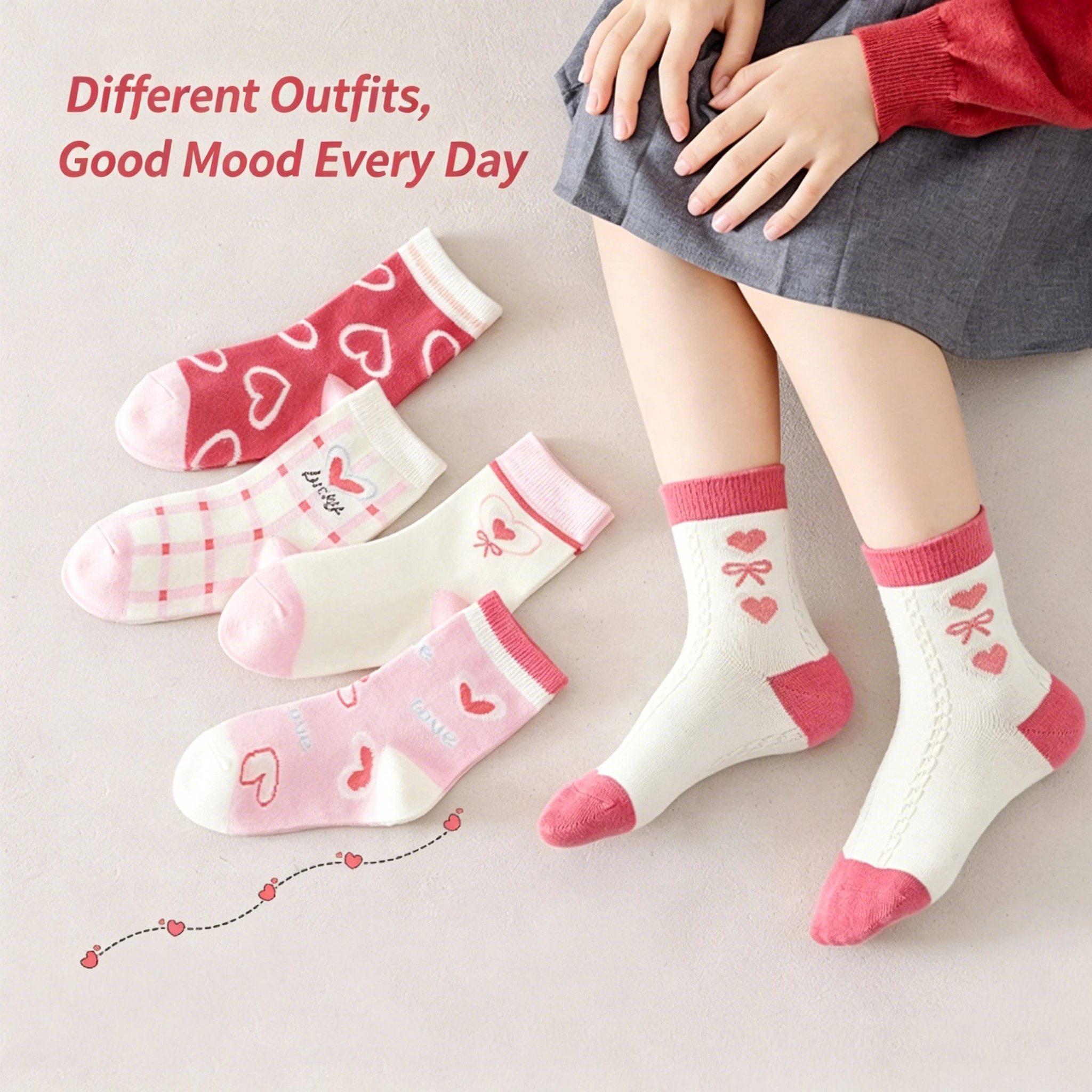 Girls Crew Socks 5 Pairs Cute Heart Bow Print Soft Breathable Mid‑calf Kids Socks For Little Girls Daily Wear