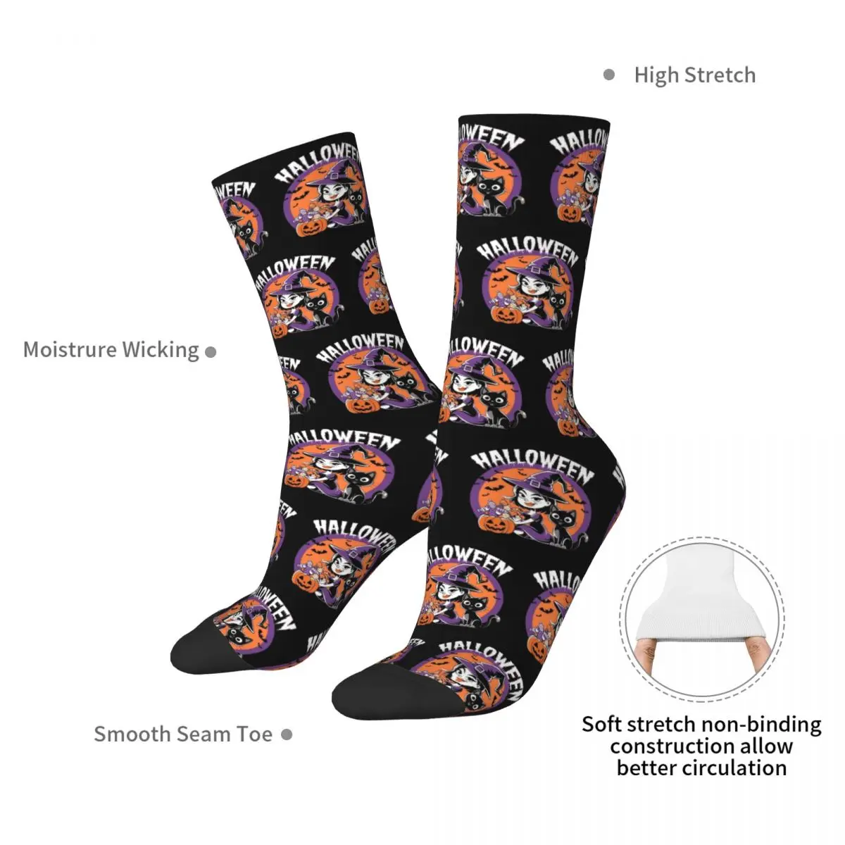 Halloween Witch With A Cat Socks Harajuku Sweat Absorbing Stockings All Season Long Socks for Man's Woman's Birthday Present