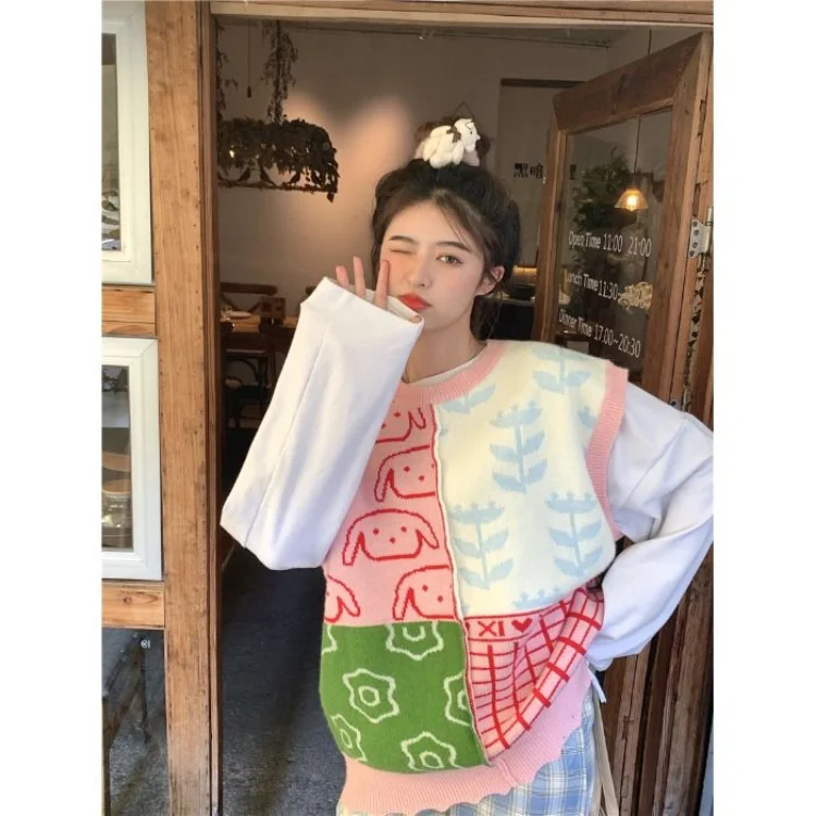 Korobov Sweet Age Reduction Knitwears Color Matching Jacquard Sleeveless Tank Top Sweater Y2k Korean Fashion Chaleco Mujer