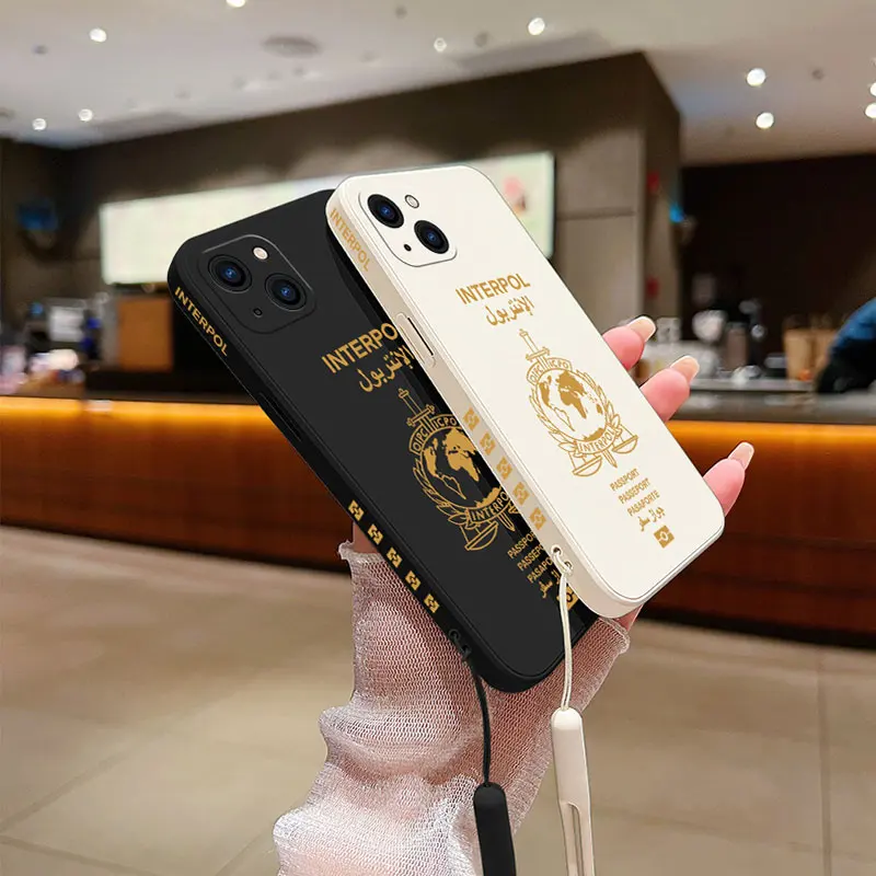 Interpol Logo Passport Phone Case For iPhone 15 14 13 12 11 Pro Max Mini X XR XS MAX 8 Plus Silicone with Hand Strap