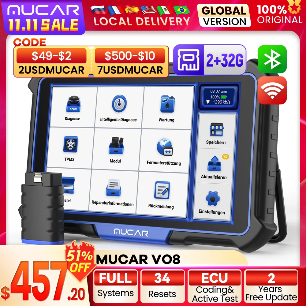 MUCAR VO8 Professional OBD2 Diagnostic Tool Full System Scan Tool 34 Resets Car Scanner ECU Coding Active Test Code Reader 64GB