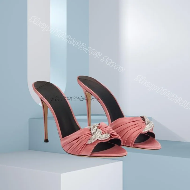 

Crystal Decor Slip on Silk Slippers Stiletto Open Toe British Style Summer Women Party New Fashion Slippers Zapatos Para Mujere