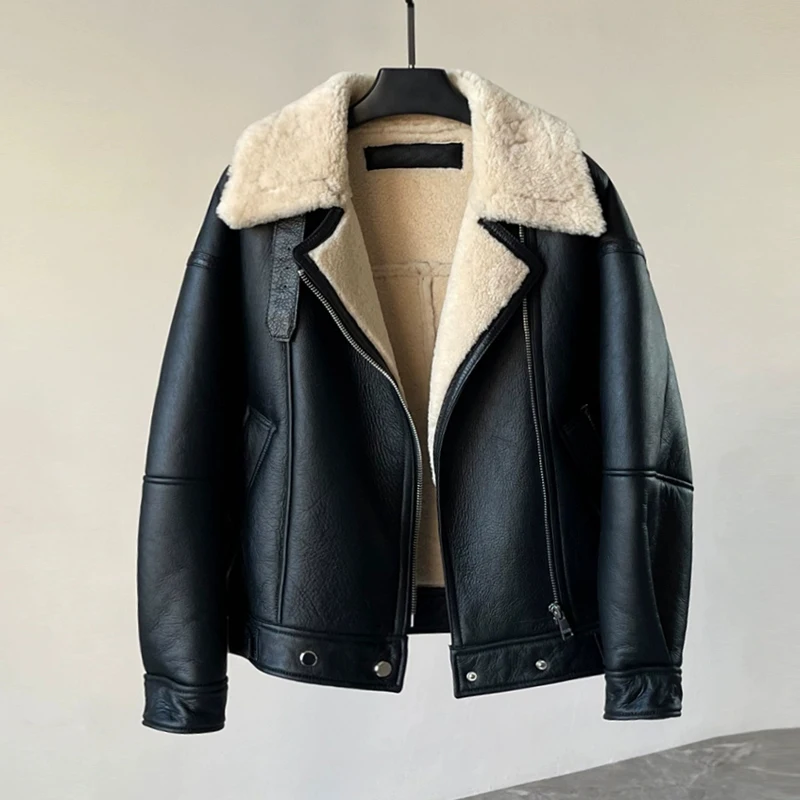 2025 Winter Genuine Sheepskin Shearling Jackets for Women Thicken Warm Real Leather Lambswool Motorcycle Casual Zipper Jackets