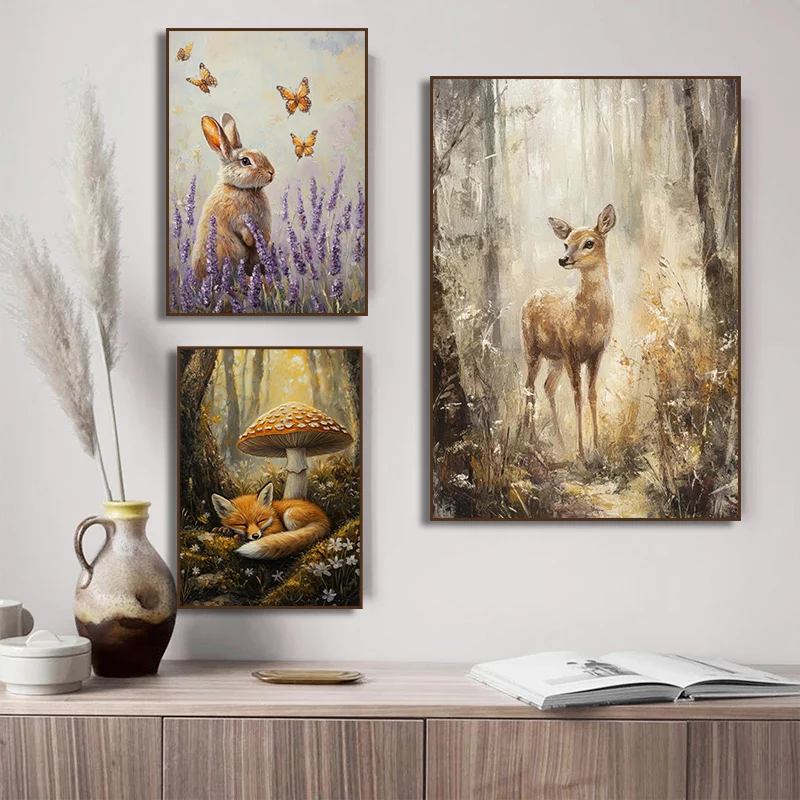 1pc frameless Canvas Painting Vintage Moth Fox Wolf Swan Raven Deer Owl Book Mushroom Poster Dark Academia Gothic Rustic Aesthet - view 3