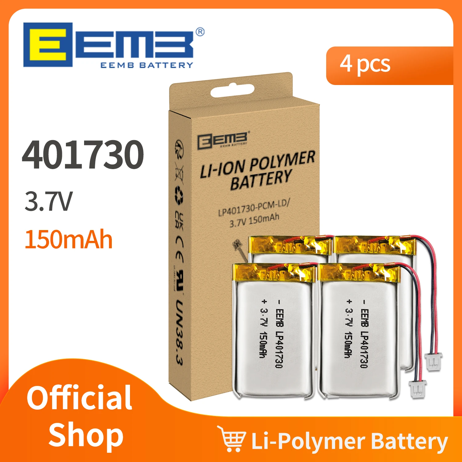 

EEMB 4PCS 3.7V Lipo Battery 150mAh 401730 Rechargeable Lithium Polymer Ion Battery for Camera Doorbell Speaker Computer WIFI