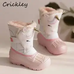 Crianças botas de neve adorável dos desenhos animados unicórnio padrão impermeável crianças botas para meninos meninas inverno pelúcia quente não deslizamento criança botas