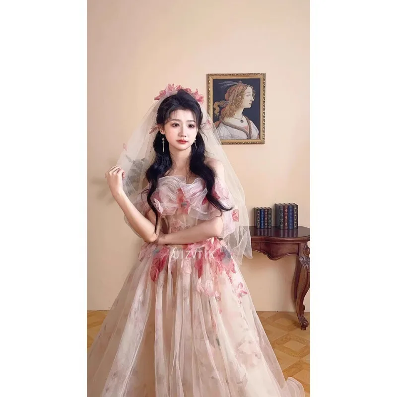 Long Floral Applique Wedding Dresses Women Fairy Pink Mesh Tulle Evening Ball Gown Off Shoulder Birthday Ceremony Prom Dress