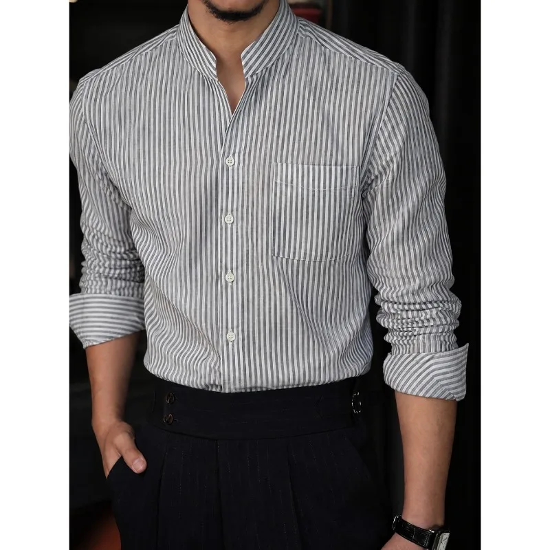Gentleman Stripe Stand Collar Casual Shirt Men Pocket Decoration Linen Long-sleeved Shirt Business Social Office Formal Shirts