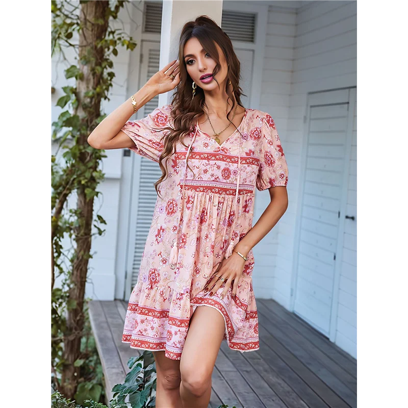 【Party-Decoration】Women Casual- Summer Dress Boho V Neck Short Sleeve Babydoll Floral Print Flowy Beach Dress