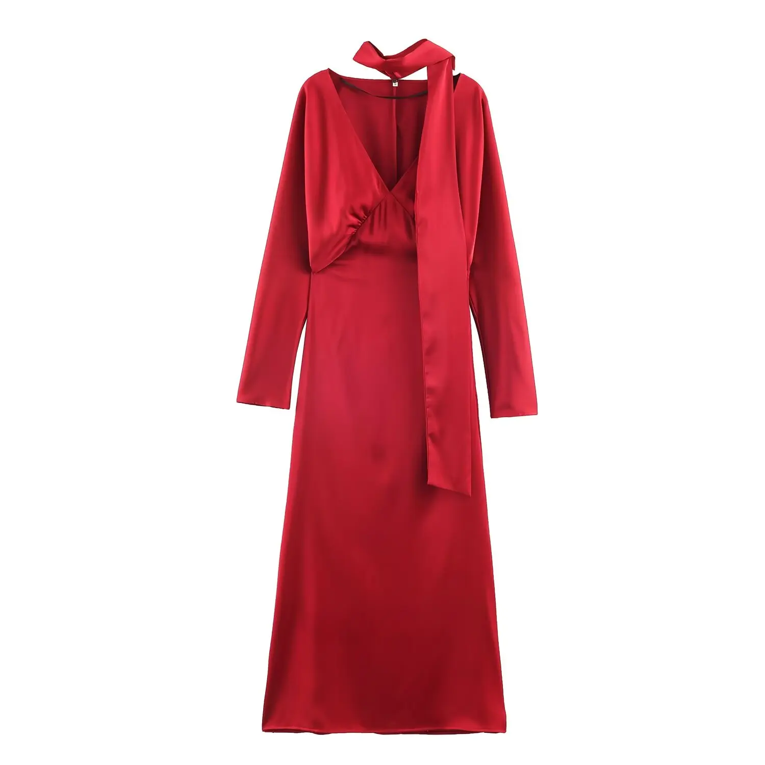 BSAY – robe écharpe en Satin pour femmes, mode automne hiver, nouvelles plis, manches longues, col en v, robes de soirée françaises