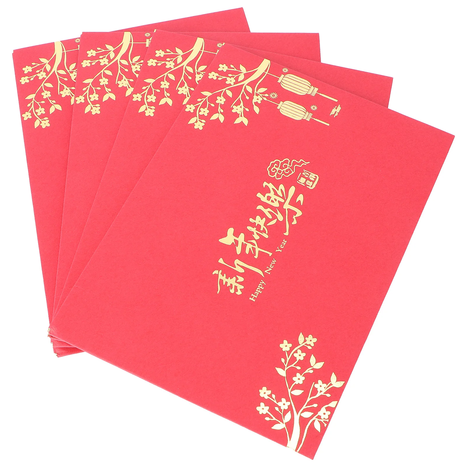 4Pcs Chinese Blessing Cards Red Traditional Greeting Cards Set with Warm Text Beautiful Patterns for New Year Party Gift